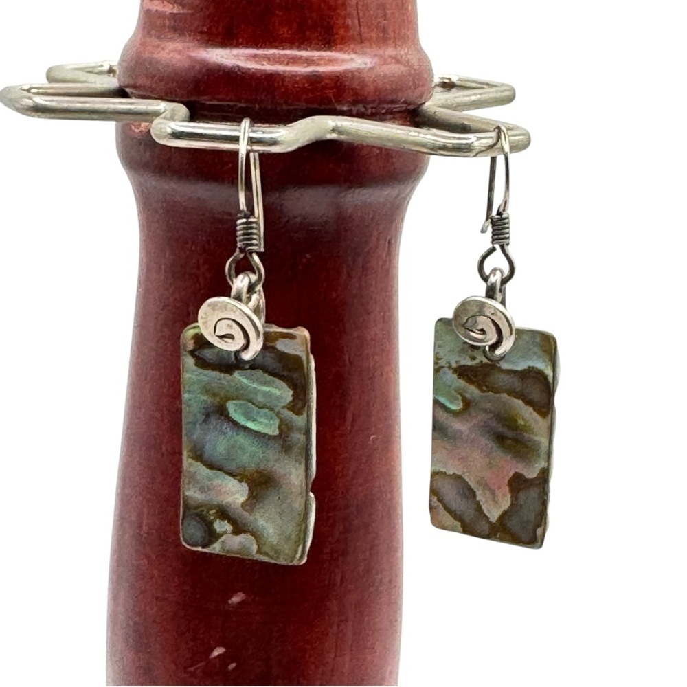 Abalone Shell Rectangle Dangle Earrings Iridescent Silver Tone